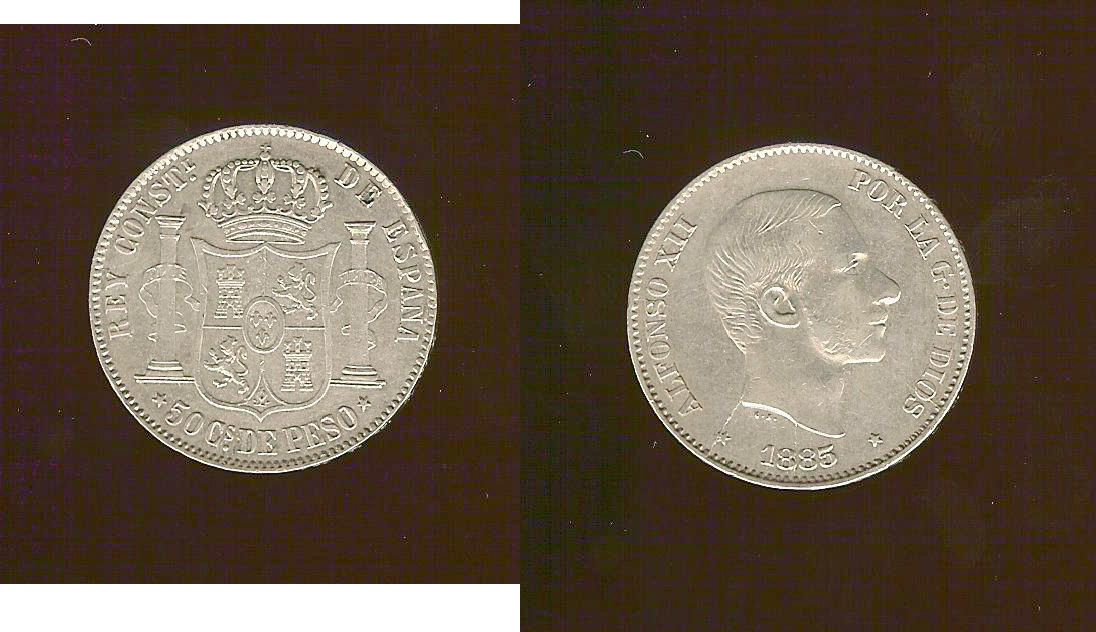 PHILIPPINES 50 Centimos de Peso Alphonse XII 1885 TTB à SUP